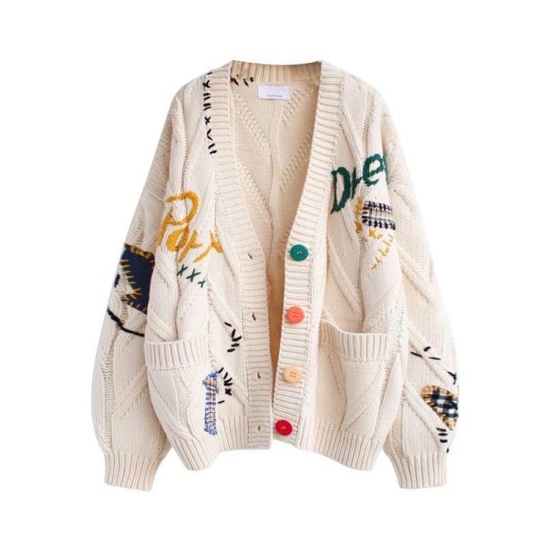 Women's Letter Embroidery Loose Fit Knitted Sweaters Y2K Preppy Winter Coat and Cardigan for a Sweet Girl Casual Knit Sweater Top