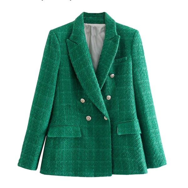 Women's Suits Blazers Women jacket Autumn Fashion Double Breasted Tweed Check Blazer Coat Vintage Long Sleeve Pockets Female Outerwear Chic 220906