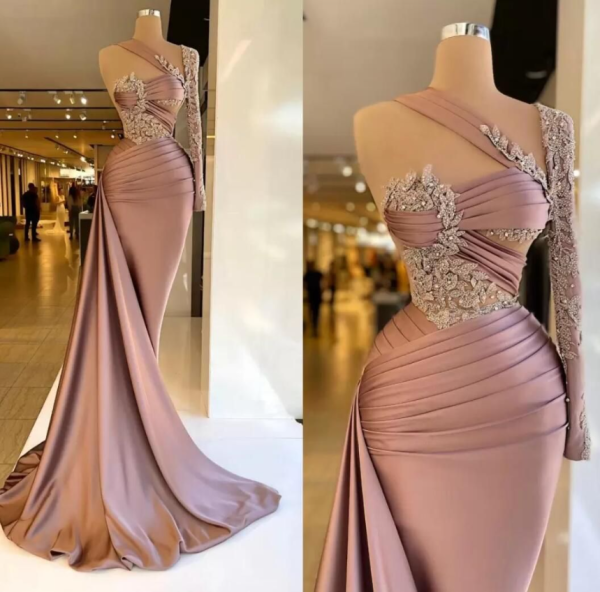 2022 Gorgeous Elegant Prom Dresses Single Long Sleeve Appliques Mermaid Long Train Women Evening Pageant Gowns Plus Size Custom Made BC14119