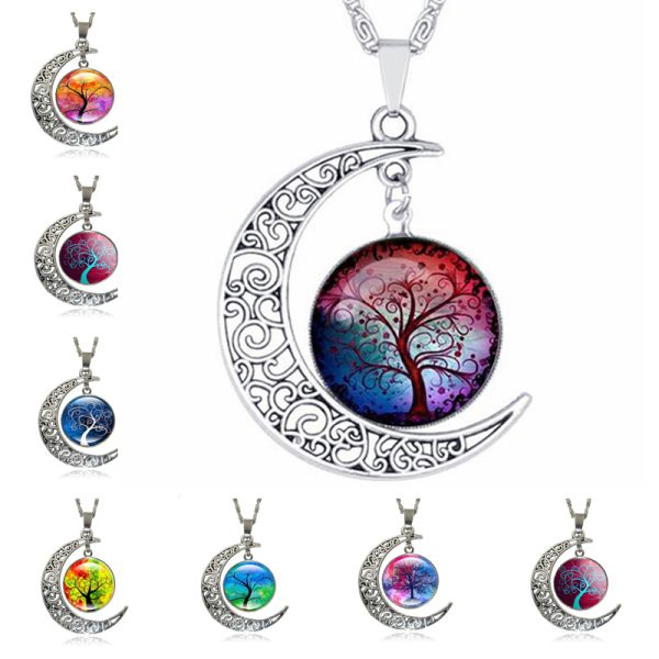 Vintage Tree of Life Necklaces Time Stone Hollow Moon Pendant Necklace Fashion Jewelry