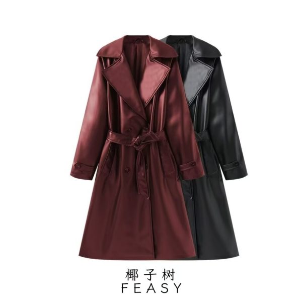 Women's Leather Faux Lautaro Autumn Long Black Pu Trench Coat for Women Sleeve Belt Elegant British Style Fashion 4xl 5xl 6xl 7xl 220928