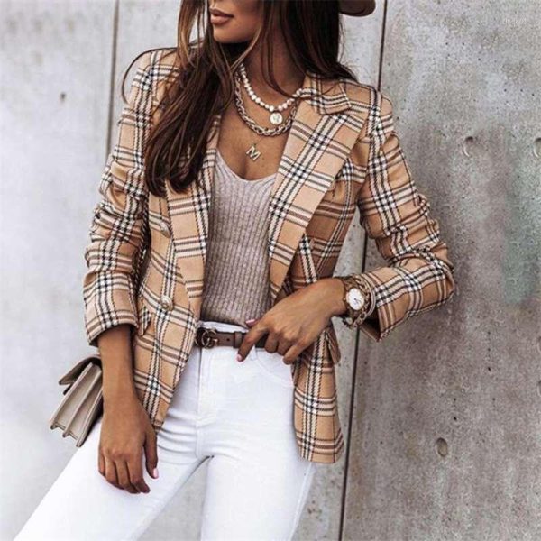 Women's Suits Plaid Blazer Jacket Women Spring Autumn Long Sleeve Casual Slim Thin Blazers Khaki Woman Coats Elegant Office Suit