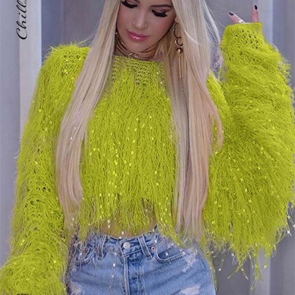 Women's Sweaters Knitted Tassel Women Pullover Sweater Solid Handmade Long Sleeve O-Neck Short Party Fringe Female Streetwear Tops 221007