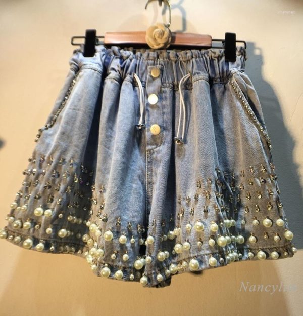 Women's Jeans Elastic Waist Shorts Women 2022 Summer European Style Exquisite Rhinestone Beaded High Slim Wide-Leg Denim Pants