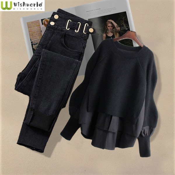 Women's Two Piece Pants Large Spring and Autumn Suit Korean Fashion Two-piece Shirt Top Slim Casual Jeans Set 221130