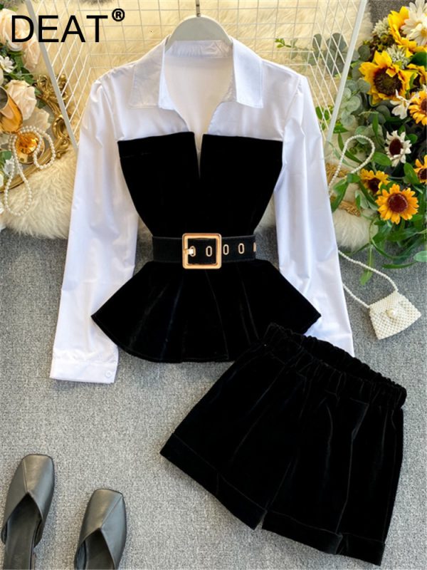 Women s Two Piece Pants DEAT 2023 Spring Long Sleeve Patchwork Velvet Size Small Tops With Belt High Waist Shorts Set Women MH334 230107