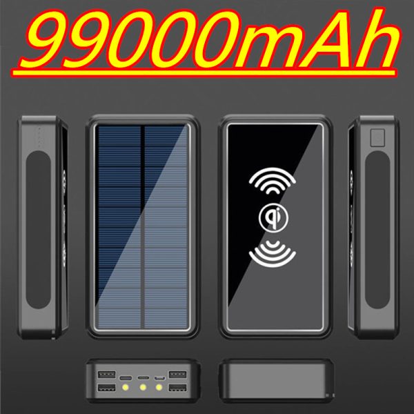 99000mAh Solar Power Bank Phone Portable Fast Charger With LED Light USB Ports External Battery For iPhone 12Pro Xiaomi Huawei