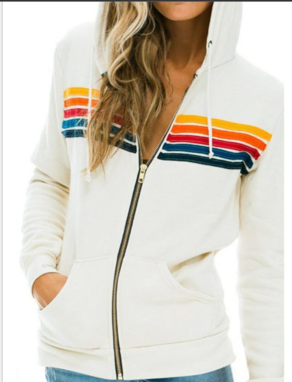 Women's Hoodies & Sweatshirts Women Fashion Hoodie Oversized Rainbow Stripe Long Sleeve Sweatshirt Zipper Pocket Coat Jacket Spring