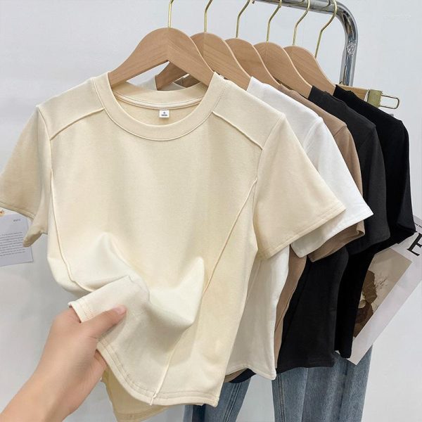 Women's T Shirts Solid Color Round Neck Short Sleeve Slim T-shirt Women 2023 Summer Foreign Air Age Reduction Tops