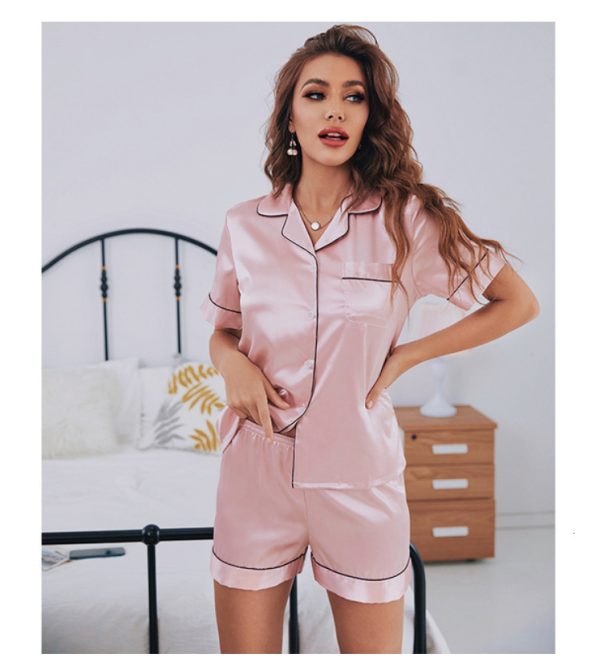 Women's Sleepwear Womens Silk Satin Pajamas Set Short Sleeve Two-piece Pj Sets Sleepwear Loungewear Button-Down 230418