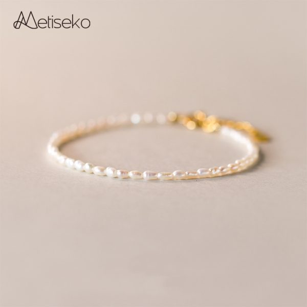 Beaded Metiseko Mini Natural Pearl Bracelet 925 Sterling Silver Chain Tiny Freshwater Pearl Bracelet Sweet Elegant for Girls and Women 230425