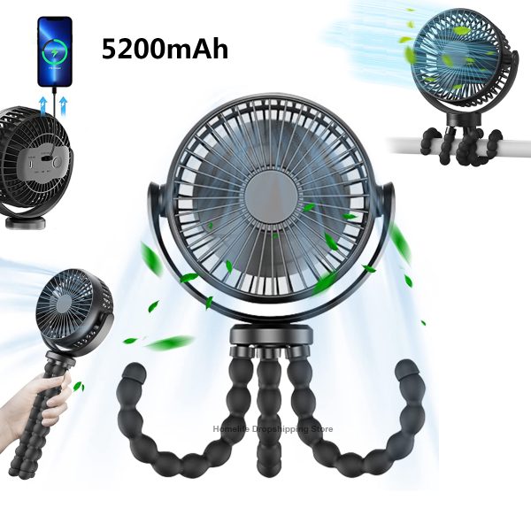 5200mAh Battery Powered Handheld Fan Portable Baby Stroller Fan 360°Rotate Rechargeable Mini Clip on Fan with Flexible Tripod for Car Seat Travel