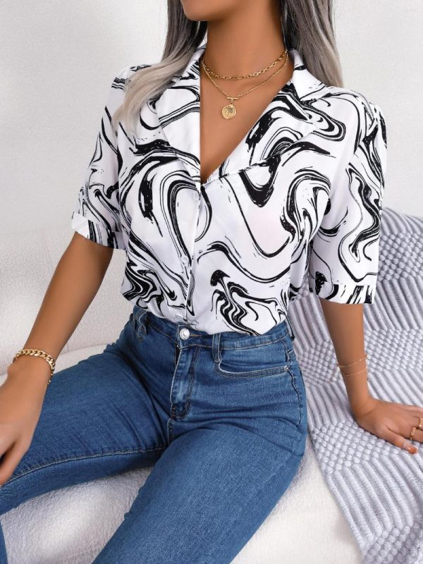 Women's Blouses 2023 Summer Casual Suit Collar Contrast Loose Short Sleeve Shirt Ladies Single Breasted Slim Blouse Tops Baju Wanita