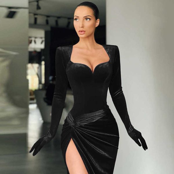 2022 Autumn Winter Women Solid Velvet Long Sleeve Ruched Midi Dress Side Slit Bodycon Streetwear Party Elegant Club