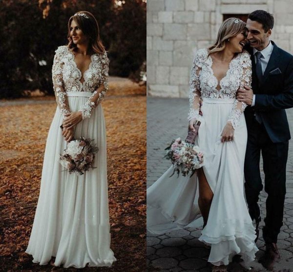 2023 Lace Appliqued Plus Size Bohemian Wedding Dress Cheap Long Sleeves V Neck Chiffon Beach Boho Bridal Gown