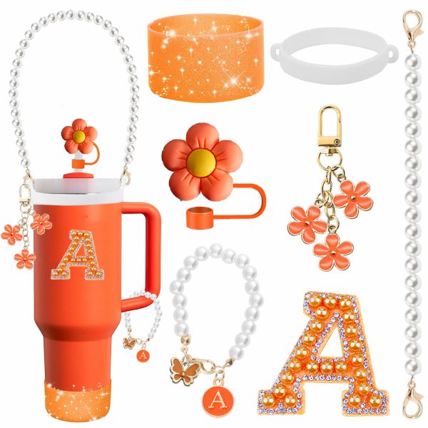 7pcs Orange Color Cup Accessories Set: Pearl Handle Strap, Sleeve, Straw Cover & Charms for 40oz & 30oz Insulated Cups