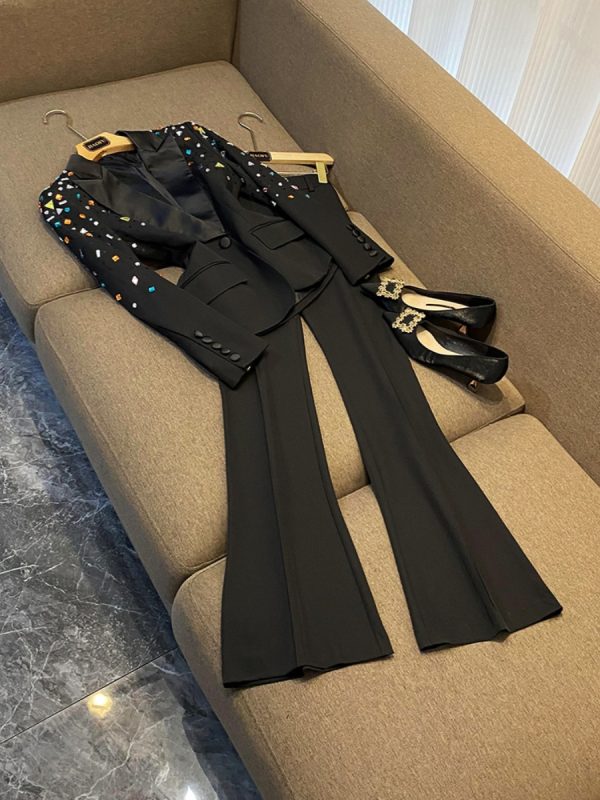 2023 Autumn White / Black Rhinestone Sequins Two Piece Pants Sets Long Sleeve Notched-Lapel Blazers & High Waist Flare Trousers Pants Suits Set O3L012622 Plus Size 4XL