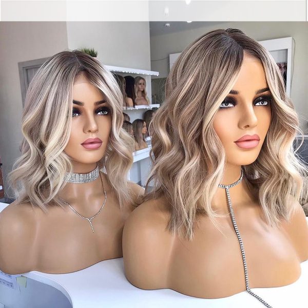 Brazilian Body Wave Short Wavy Bob Wig Transparent 13x4 Lace Front Human Hair Wigs for Women Ombre Platinum Blonde Wig Synthetic Pre Plucked