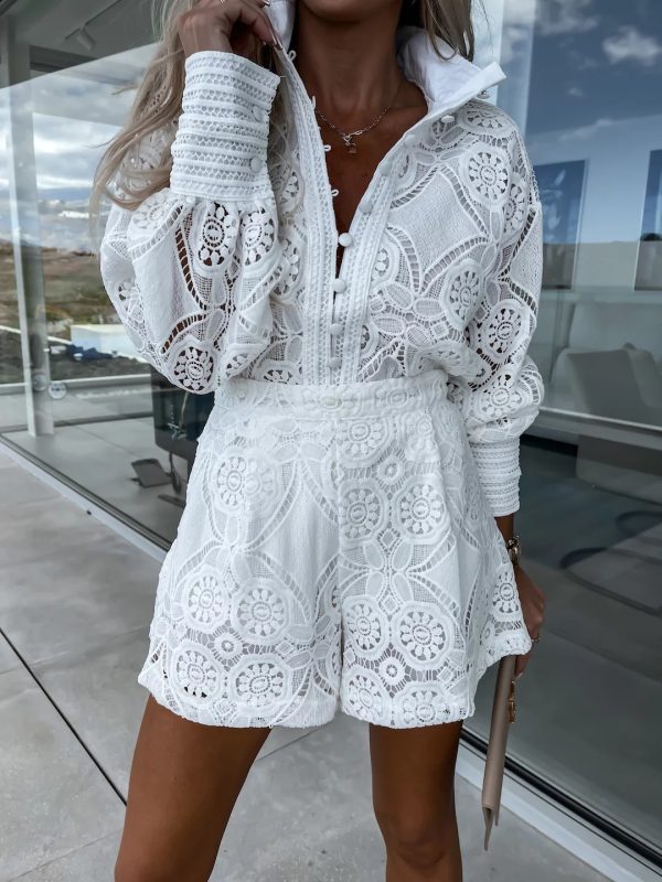 Womens Two Piece Pants Foridol Vintage Single Breasted White Lace Women Shorts Sets Spring Long Sleeve Casual Party 2 Pcs Outfits Femme Suit Summer 230608