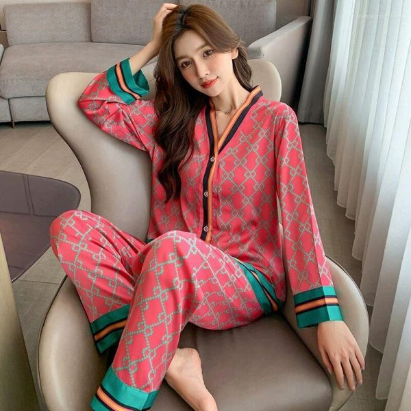 Women's Sleepwear Pajamas Set For Women Luxurious Sweet Satin Pyjamas Woman Elegant Long Sleeve Pant Home Wear Ladies Sets