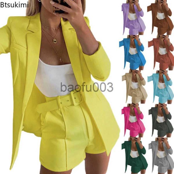 Women's Two Piece Pants Spring Summer Women Long Sleeve Cardigan Blazer Shorts Solid Lady Two Piece Blazer Suit Women Office Sets Casual Blazers Set J230713