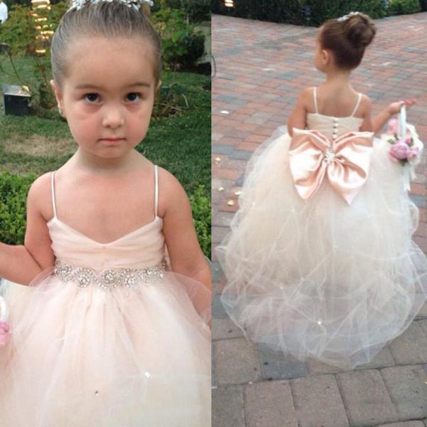 2023 Pageant Dresses For Girls Spaghetti Sleeveless Flower Girl Dresses White Ivory Champagne Kids Ball Gowns Wedding Dress Sash Beading Belt