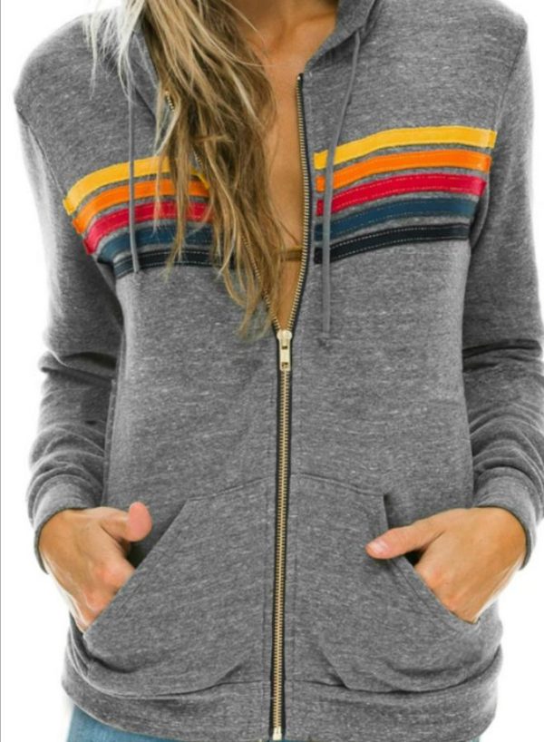 Women's Hoodies & Sweatshirts Women Fashion Hoodie Oversized Rainbow Stripe Long Sleeve Sweatshirt Zipper Pocket Coat Jacket Spring Casual V