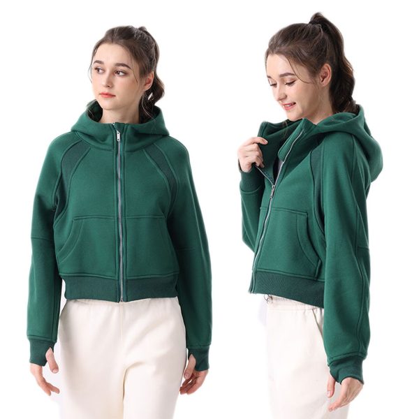 Womens Autumn Hoodies Sweatshirt Yoga Thick Jacket Ladies Gym Workout Coat Full Zipper Fleece Loose Workout Pullover