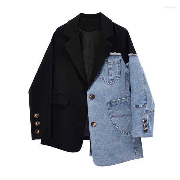 Women's Suits Women Vintage Fashion Blazer Denim Patchwork Jackets Autumn Winter Irregular Coat Long Sleeve Loose Korean Outerwear