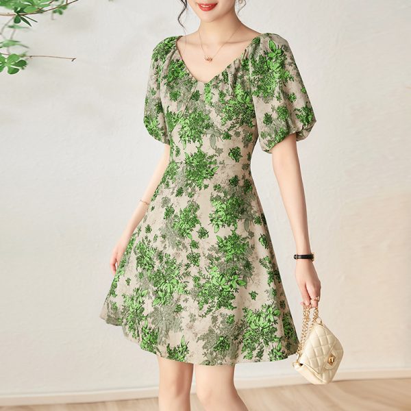 0C580M09# EVEOVNI Women's Summer Dress High Quality Sweet Girl V-Neck Bubble Sleeve Floral Skirt Bow Knot