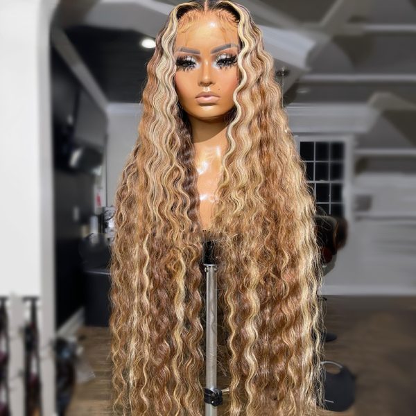 40inches Long Brazilian Hair Highlight Brown Blonde Deep Wave Lace Frontal Wig Pre-Plucked Honey Blonde Lace Front Wigs For Women Synthetic Heat Resistant Mixed