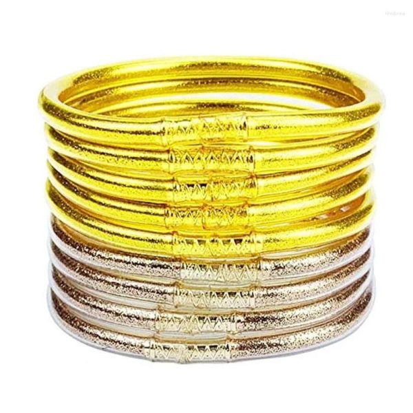 Bangle 9Pcs/set Glitter Jonc Buddhist Bracelet All Weather Buddha Girls Jelly Bracelets Set Soft For Women