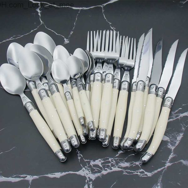 4-24pcs Laguiole Dinner Set Ivory White Dinnerware Steak Knife Fork Spoon Teaspoon Stainless Steel Cutlery Restaurant Flatware Q230828