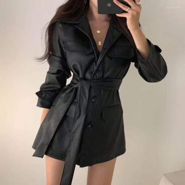 Women's Jackets Button Up PU Leather Jacket With Belt Women Moto Biker Coats Vintage Brown Black Outerwear Fall Autumn Spring Windbreaker