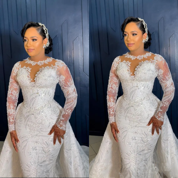 Arabic Aso Ebi Mermaid Ivory Wedding Dress Sheer Neck Lace Long Sleeves White Vintage Bridal Gowns Dresses Plus Size