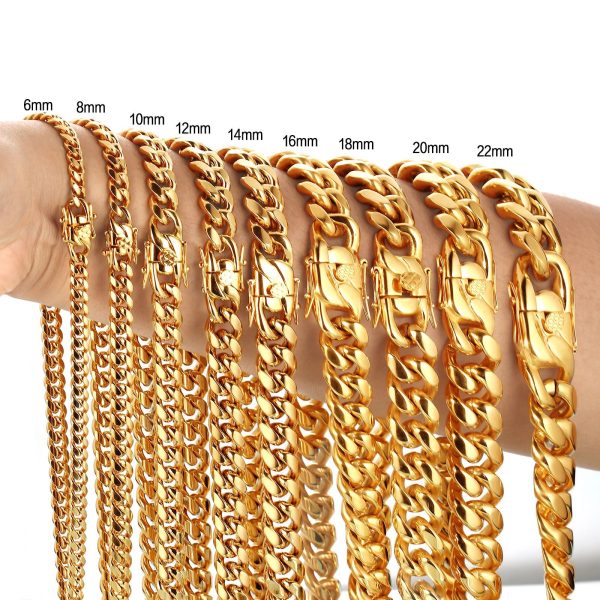 6-22mm Hip Hop Stainless Steel Miami Cuban Link Chain Bibcock Clasp Mens 18K Real Gold Plated Jewelry