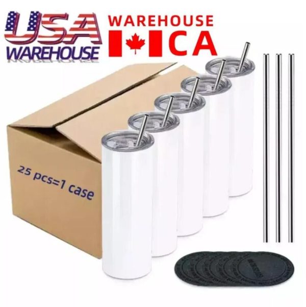 US CA Stock 25pcs/Carton Sublimation Blanks Straight Tumbler 20 oz Water Tumbler Cup with Lid and Straw In stock