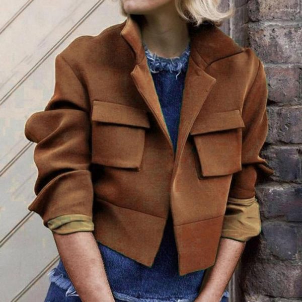 Women's Jackets Autumn Women Coat Solid Color Flap Pockets Lapel Long Sleeve Cardigan Thick For Casaco Feminino