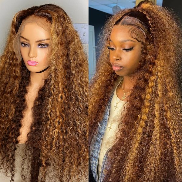 Brazilian 40 Inch Curly Highlight Lace Front Human Hair Deep Wave 13x4 Lace Frontal Wig 250% Brown Colored Synthetic Wigs For Women