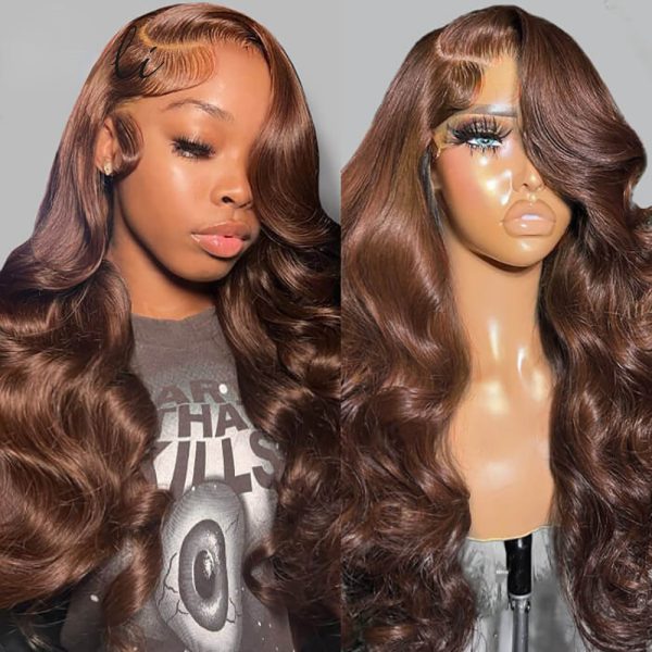 180% Chocolate Brown Body Wave Lace Front Wig Human Hair HD Transparent Lace Frontal Wig Preplucked Colored Synthetic Wigs for Black Women