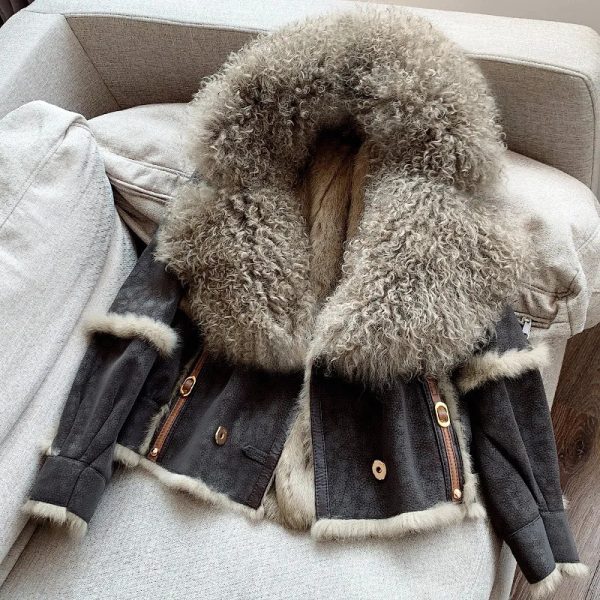 Womens Wool Blends RosEvans Vintage Natural Sheepskin Collar Rabbit Fur Full Pelt Coat Short Women Fashion patchwork coats Female Autumn Winter 230927