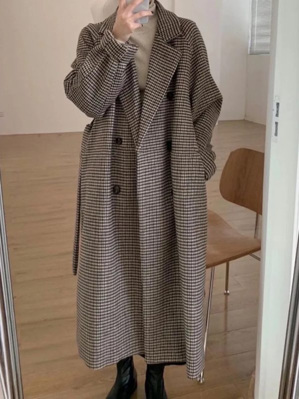 Women's Wool Blends Trench Coat for Women Tweed Wool Coat Korean Fashion Autumn Womens Winter Clothing Plaid Long Jacket Elegance Office Lady 230927