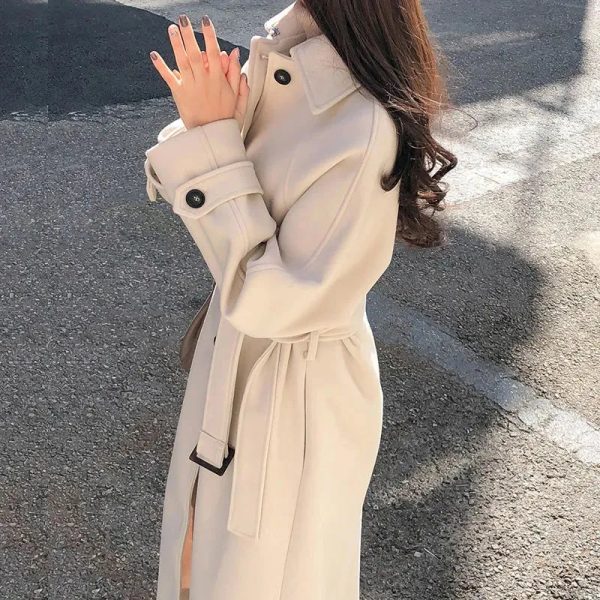 Womens Wool Blends Winter Korean Women Faux Woolen Coats Fashion Elegant Solid Belt Thickening Long Jacket Female Loose All Match Outwear 230928