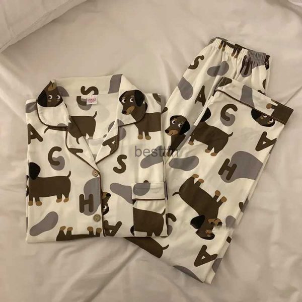 Women's Sleep Lounge Spring Summer 2024 Cute Women's Pajamas Set Dachshund Print Cotton Two Pieces Short Sleeve Tops Full Length Pants Sleepwear 3991L231005