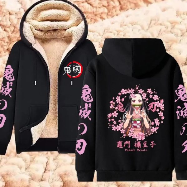 Women's Hoodies Sweatshirts Anime Demon Slayer Hoodies Kamado Nezuko Print Zip Up Jackets Women Winter Thicken Sweatshirts Lambswool Warm Coats Y2K Tops 231007