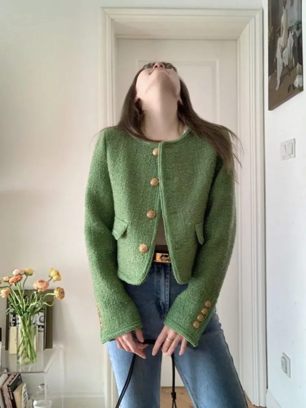 Women's Jackets Women Green Tweed Cropped Jackets O Neck Long Sleeve Office Lady Short Coats Female Autumn Winter Korean Fashion Jackets Outwear 231010