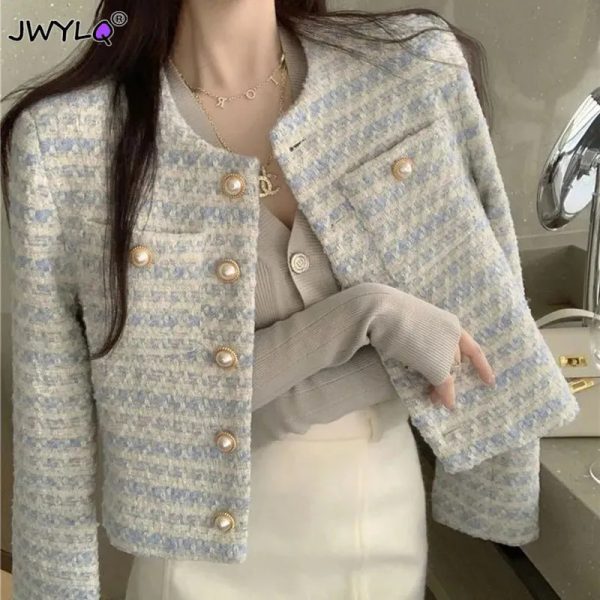 Women's Jackets Light Blue Tweed Striped Jackets For Women Temperament Tunic Vintage Korean Fashion Coat Crop Tops Womens Clothing Clothes 231010