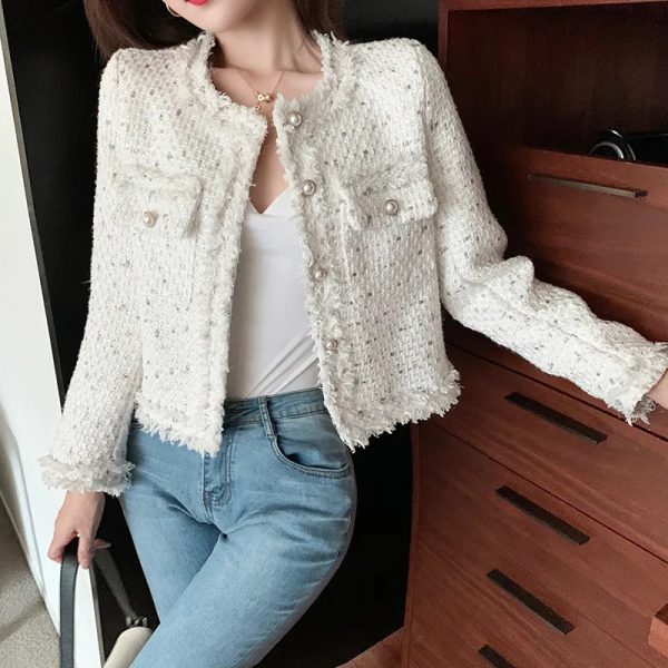 Women's Jackets Arrival Short Tweed Coat Women O-neck Single-breasted Tassel Slim Plaid Tweed Jacket Outwear Women Fashion 231010