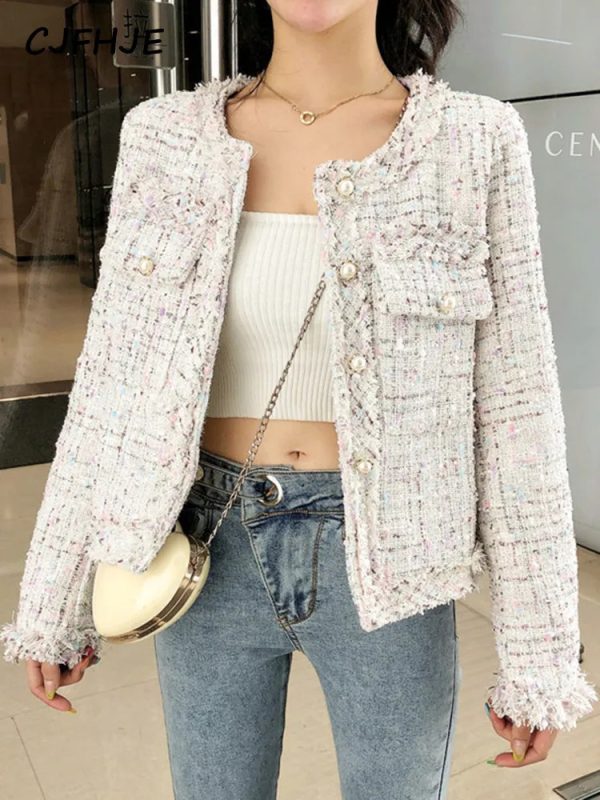 Women's Jackets CJFHJE Fashion Spring Women French High Quality Single-Breasted Tweed Woolen Coat Round Neck Long Sleeve Tassel Jacket 231010