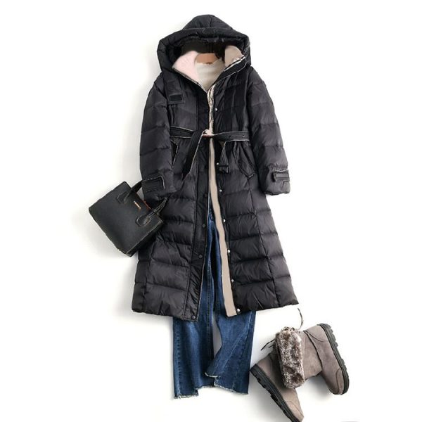 Womens Down Jackets Slim Fitting and Thickened Down Cotton Jacket British Style Long Knee Length Down Jacket